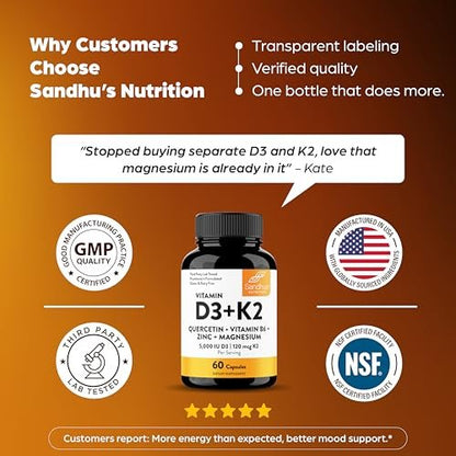 Sandhu's Vitamin D3 K2 Magnesium 5000 IE, 120 mcg K2 Kapseln, 60 Stück (1er Pack) | mit Vitamin B6, Zink & Quercetin | D3K2 für verbesserte Aufnahme, Energie, Immunsystem, Muskelgesundheit für Männer & Frauen