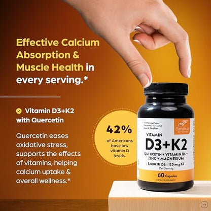 Sandhu's Vitamin D3 K2 Magnesium 5000 IE, 120 mcg K2 Kapseln, 60 Stück (1er Pack) | mit Vitamin B6, Zink & Quercetin | D3K2 für verbesserte Aufnahme, Energie, Immunsystem, Muskelgesundheit für Männer & Frauen