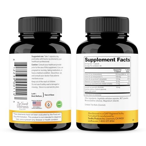 Sandhu's Vitamin D3 K2 Magnesium 5000 IE, 120 mcg K2 Kapseln, 60 Stück (1er Pack) | mit Vitamin B6, Zink & Quercetin | D3K2 für verbesserte Aufnahme, Energie, Immunsystem, Muskelgesundheit für Männer & Frauen