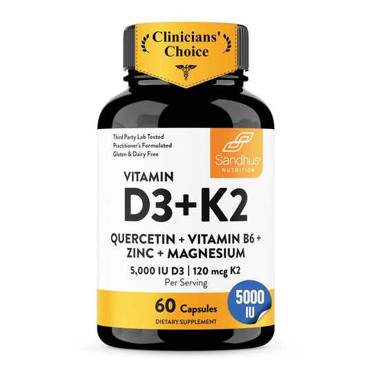 Sandhu's Vitamin D3 K2 Magnesium 5000 IE, 120 mcg K2 Kapseln, 60 Stück (1er Pack) | mit Vitamin B6, Zink & Quercetin | D3K2 für verbesserte Aufnahme, Energie, Immunsystem, Muskelgesundheit für Männer & Frauen