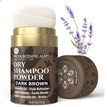 Nuva Botanicals Dunkelbraunes Trockenshampoo-Pulver ohne Aerosol mit Biotin – Lavendelextrakt und Koreanischer Ginseng – Volumenspendende Reisegröße (0,42 oz)