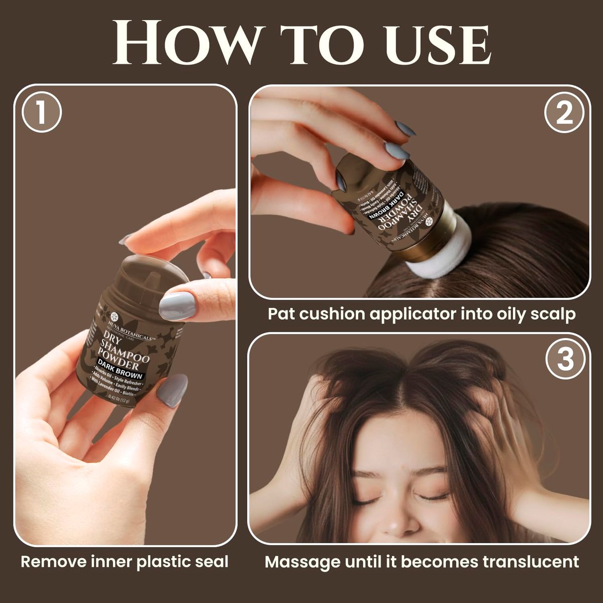 Nuva Botanicals Dunkelbraunes Trockenshampoo-Pulver ohne Aerosol mit Biotin – Lavendelextrakt und Koreanischer Ginseng – Volumenspendende Reisegröße (0,42 oz)