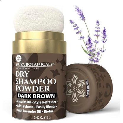 Nuva Botanicals Dunkelbraunes Trockenshampoo-Pulver ohne Aerosol mit Biotin – Lavendelextrakt und Koreanischer Ginseng – Volumenspendende Reisegröße (0,42 oz)