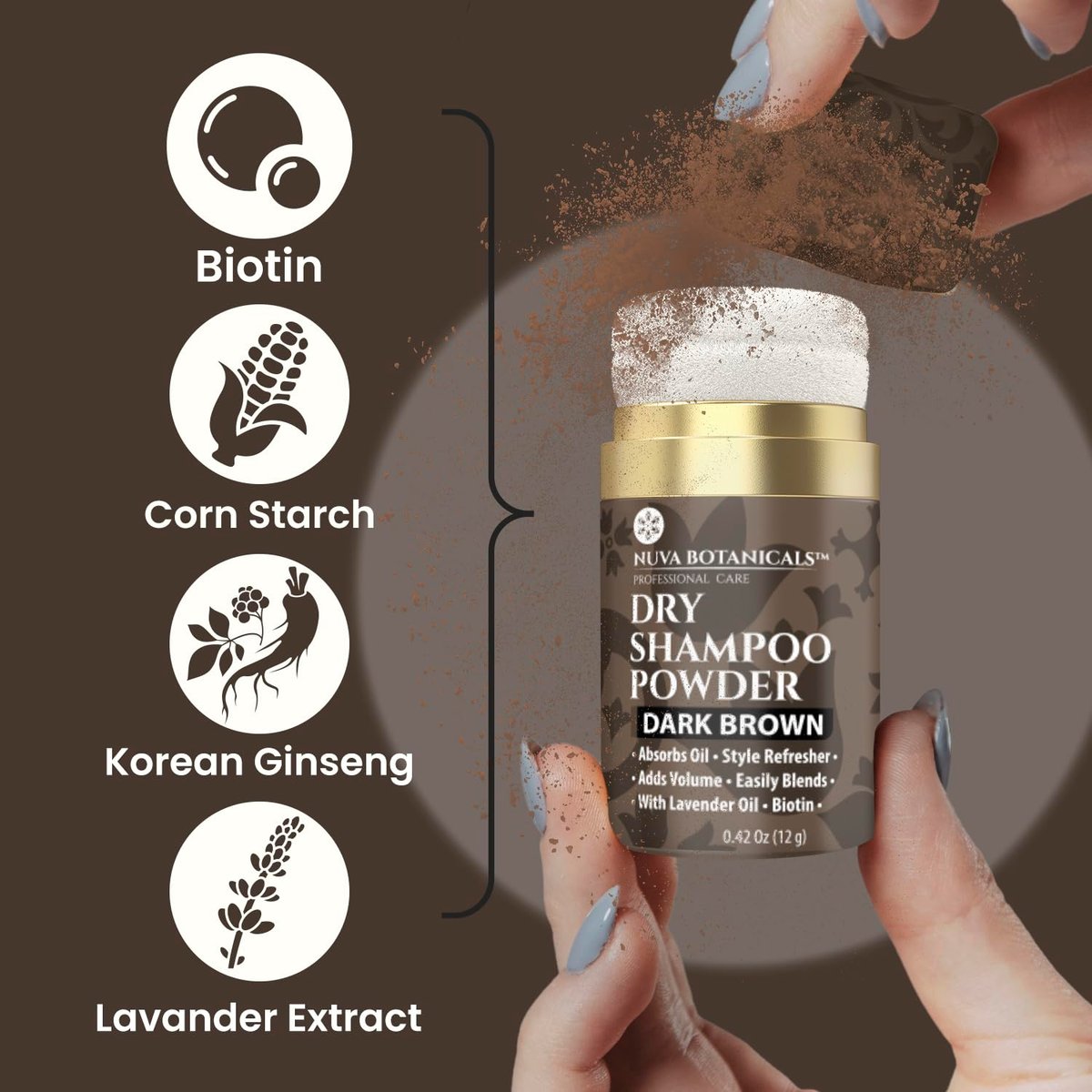 Nuva Botanicals Dunkelbraunes Trockenshampoo-Pulver ohne Aerosol mit Biotin – Lavendelextrakt und Koreanischer Ginseng – Volumenspendende Reisegröße (0,42 oz)