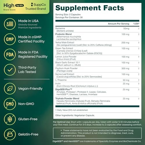 GLP-1 Unterstützung + Darmreinigung – Gewichtsverlust, Darmgesundheit & Energie – Appetitzügler & Fettverbrenner – Berberin, Akkermansia Probiotikum, Yerba Mate, Flohsamen, Sennesblätter – für Frauen & Männer, 60 Kapseln