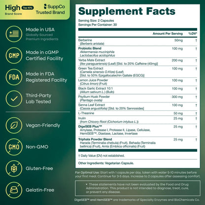 GLP-1 Unterstützung + Darmreinigung – Gewichtsverlust, Darmgesundheit & Energie – Appetitzügler & Fettverbrenner – Berberin, Akkermansia Probiotikum, Yerba Mate, Flohsamen, Sennesblätter – für Frauen & Männer, 60 Kapseln
