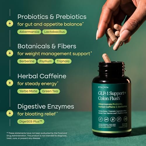 GLP-1 Unterstützung + Darmreinigung – Gewichtsverlust, Darmgesundheit & Energie – Appetitzügler & Fettverbrenner – Berberin, Akkermansia Probiotikum, Yerba Mate, Flohsamen, Sennesblätter – für Frauen & Männer, 60 Kapseln