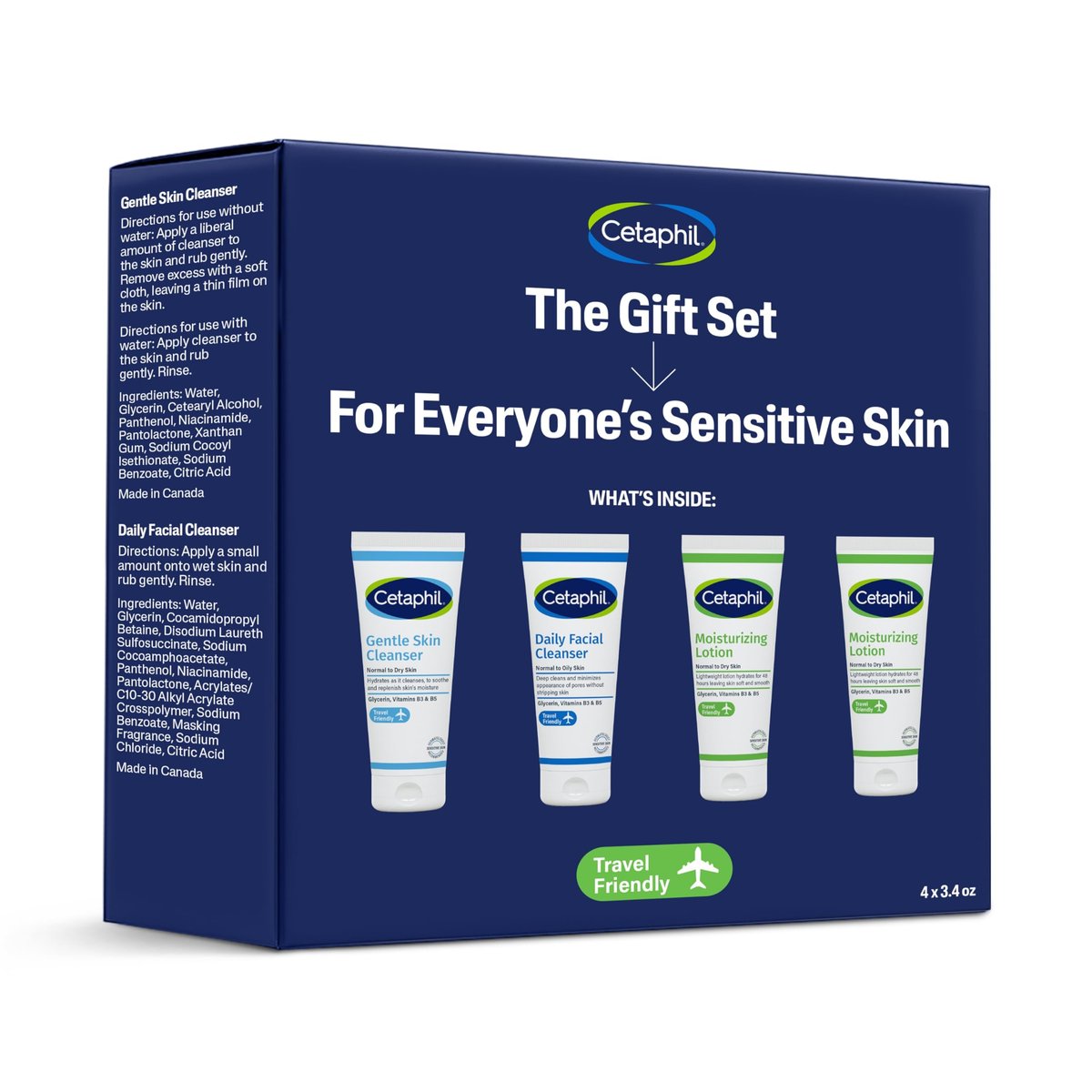 CETAPHIL Hautpflege-Geschenkset & Reisebegleiter für empfindliche Haut | Sanfter Reiniger, Täglicher Gesichtsreiniger, 2 x Feuchtigkeitslotion | TSA-zugelassen | Von Dermatologen empfohlene Marke