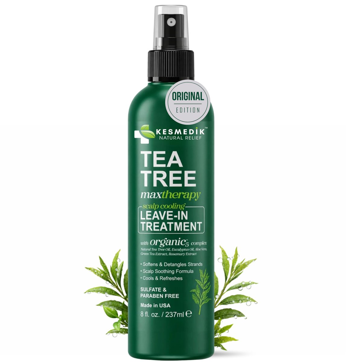 KESMEDIK Teebaum Rosmarin Leave-In Conditioner – Entwirrungsspray für Frizz-Kontrolle, Anti-Schuppen & juckende Kopfhaut Behandlung, für Männer & Frauen, Paraben- & Sulfatfrei