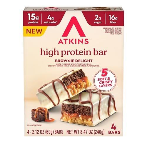 Atkins High Protein Riegel, Brownie Delight Geschmack, 15g Protein, 4g Netto-Kohlenhydrate, Keto Proteinriegel, Wenig Zucker, 4er Pack