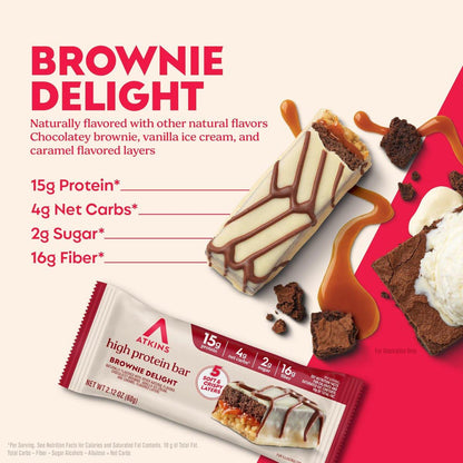 Atkins High Protein Riegel, Brownie Delight Geschmack, 15g Protein, 4g Netto-Kohlenhydrate, Keto Proteinriegel, Wenig Zucker, 4er Pack