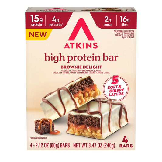 Atkins High Protein Riegel, Brownie Delight Geschmack, 15g Protein, 4g Netto-Kohlenhydrate, Keto Proteinriegel, Wenig Zucker, 4er Pack