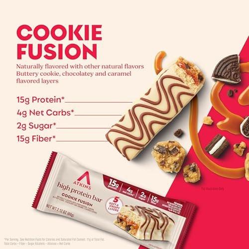 Atkins High Protein Riegel, Cookie Fusion Geschmack, 15g Protein, 4g Netto-Kohlenhydrate, Keto Proteinriegel, Wenig Zucker, 4er Pack