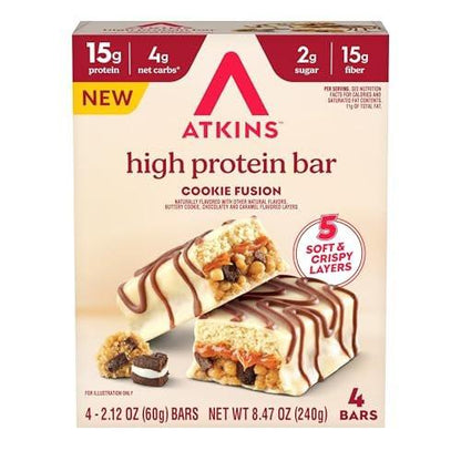 Atkins High Protein Riegel, Cookie Fusion Geschmack, 15g Protein, 4g Netto-Kohlenhydrate, Keto Proteinriegel, Wenig Zucker, 4er Pack