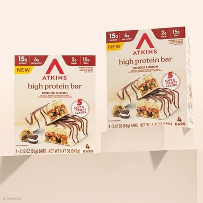 Atkins High Protein Riegel, Cookie Fusion Geschmack, 15g Protein, 4g Netto-Kohlenhydrate, Keto Proteinriegel, Wenig Zucker, 4er Pack