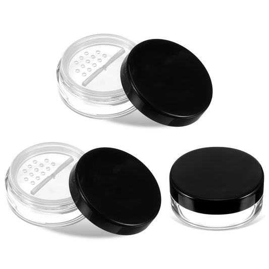 3 Stück 10 ml / 0,34 oz Nachfüllbare Puderbehälter aus schwarzem Kunststoff, Leere Reise-Puderbehälter mit drehbarem Sieb und auslaufsicherem Schraubdeckel für Make-up-Puder, Foundation, wiederverwendbar, auslaufsicher, kompakt