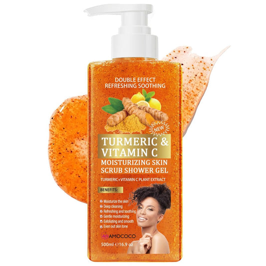 Amococo Kurkuma Orange Vitamin C Duschpeeling mit Kakaosamen-Peeling, mattierendes Körperpeeling für unebene Hauttextur, tägliche Anwendung, 500 ml