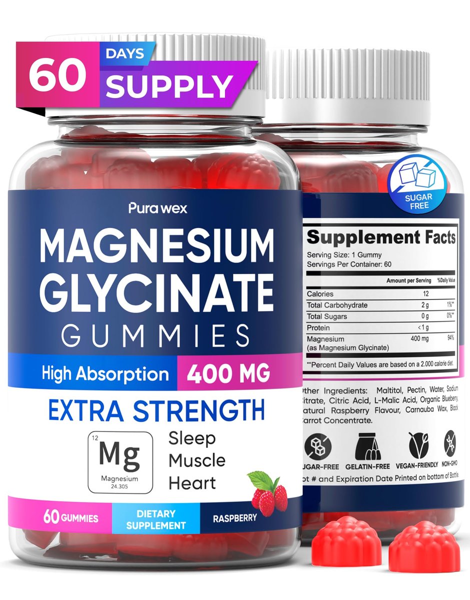 PURA WEX NUTRITION Magnesium Glycinat Gummis 400mg – Hochdosiertes Magnesiumpräparat für Frauen, Männer und Kinder – Zuckerfrei, Vegan, 60 Tage Vorrat – Natürliches Himbeeraroma