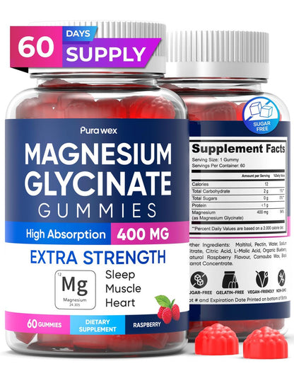 PURA WEX NUTRITION Magnesium Glycinat Gummis 400mg – Hochdosiertes Magnesiumpräparat für Frauen, Männer und Kinder – Zuckerfrei, Vegan, 60 Tage Vorrat – Natürliches Himbeeraroma