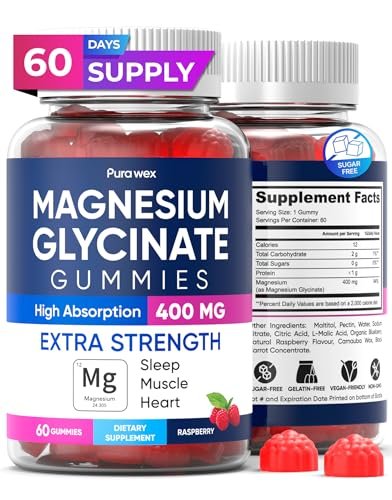 PURA WEX NUTRITION Magnesium Glycinat Gummis 400mg – Hochdosiertes Magnesiumpräparat für Frauen, Männer und Kinder – Zuckerfrei, Vegan, 60 Tage Vorrat – Natürliches Himbeeraroma