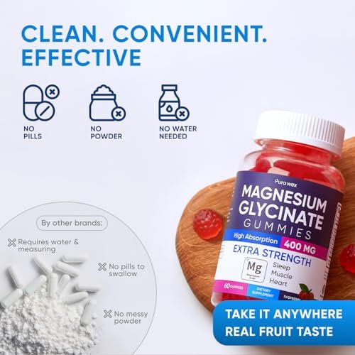 PURA WEX NUTRITION Magnesium Glycinat Gummis 400mg – Hochdosiertes Magnesiumpräparat für Frauen, Männer und Kinder – Zuckerfrei, Vegan, 60 Tage Vorrat – Natürliches Himbeeraroma