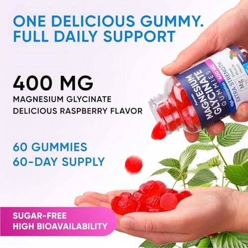 PURA WEX NUTRITION Magnesium Glycinat Gummis 400mg – Hochdosiertes Magnesiumpräparat für Frauen, Männer und Kinder – Zuckerfrei, Vegan, 60 Tage Vorrat – Natürliches Himbeeraroma