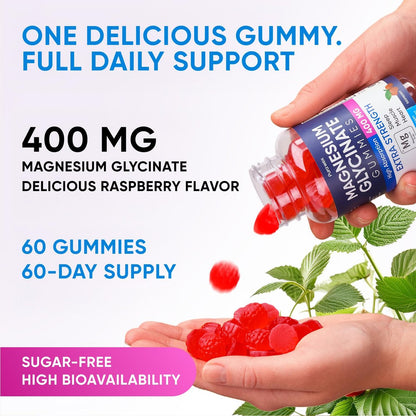 PURA WEX NUTRITION Magnesium Glycinat Gummis 400mg – Hochdosiertes Magnesiumpräparat für Frauen, Männer und Kinder – Zuckerfrei, Vegan, 60 Tage Vorrat – Natürliches Himbeeraroma
