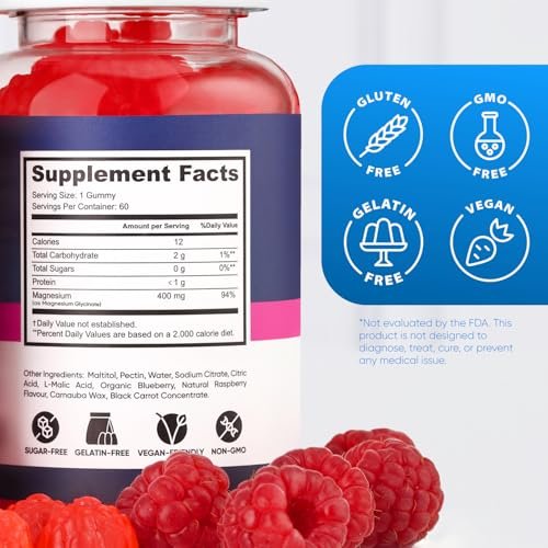 PURA WEX NUTRITION Magnesium Glycinat Gummis 400mg – Hochdosiertes Magnesiumpräparat für Frauen, Männer und Kinder – Zuckerfrei, Vegan, 60 Tage Vorrat – Natürliches Himbeeraroma