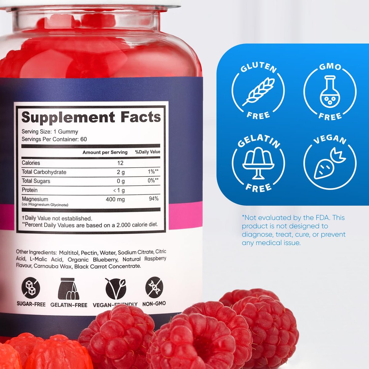 PURA WEX NUTRITION Magnesium Glycinat Gummis 400mg – Hochdosiertes Magnesiumpräparat für Frauen, Männer und Kinder – Zuckerfrei, Vegan, 60 Tage Vorrat – Natürliches Himbeeraroma