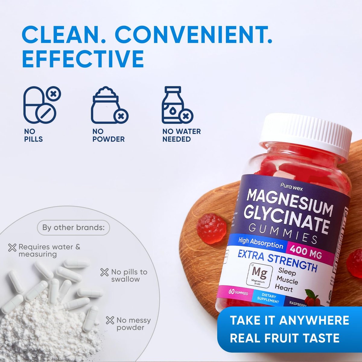 PURA WEX NUTRITION Magnesium Glycinat Gummis 400mg – Hochdosiertes Magnesiumpräparat für Frauen, Männer und Kinder – Zuckerfrei, Vegan, 60 Tage Vorrat – Natürliches Himbeeraroma