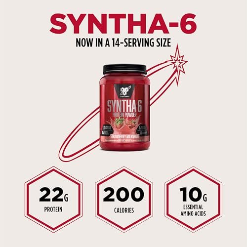 BSN SYNTHA-6 Premium Proteinpulver mit 6g Ballaststoffen, Molkenisolat, Micellarem Kasein, Milchproteinisolat, 6g Fett, Erdbeer-Milchshake, 14 Portionen, 1,45 Pfund (Verpackung kann variieren)
