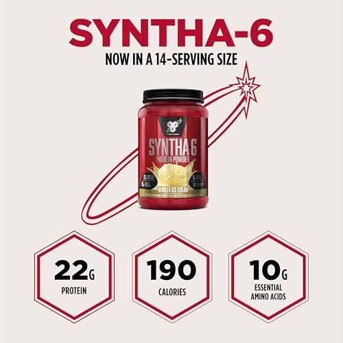 BSN SYNTHA-6 Premium Proteinpulver mit 6g Ballaststoffen, Molkenisolat, Micellares Kasein, Milchproteinisolat, 5g Fett, Vanilleeis, 14 Portionen, 1,45 Pfund (Verpackung kann variieren)