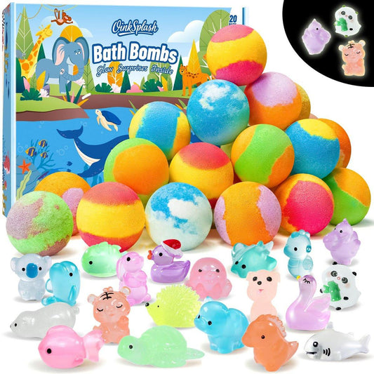 Badebomben für Kinder mit Überraschung im Inneren, 20er Pack Handgefertigte Badebomben Geschenkset mit Leuchtspielzeug, Brausebälle für Spaß, Tolles Weihnachtsgeschenk oder Adventskalender 2025 für Jungen & Mädchen