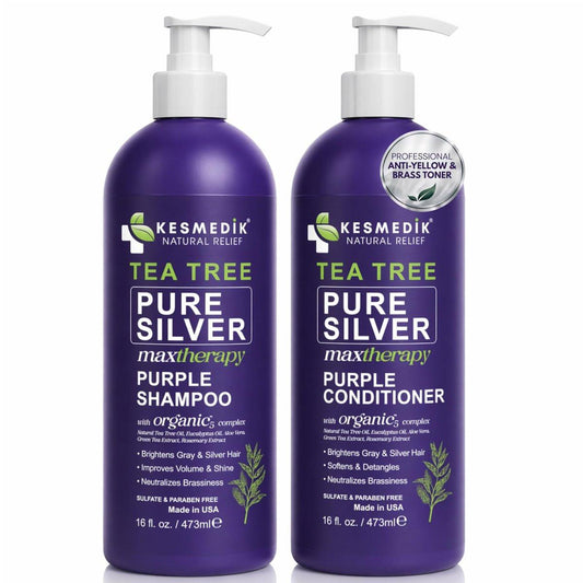 KESMEDIK Tea Tree Purple Shampoo & Conditioner Set mit Rosmarin & Aloe – Professioneller Anti-Brass-Toner, entfernt Gelbstiche für graues, blondiertes, weißes & blondes Haar, erfrischt die Kopfhaut, sulfatfrei