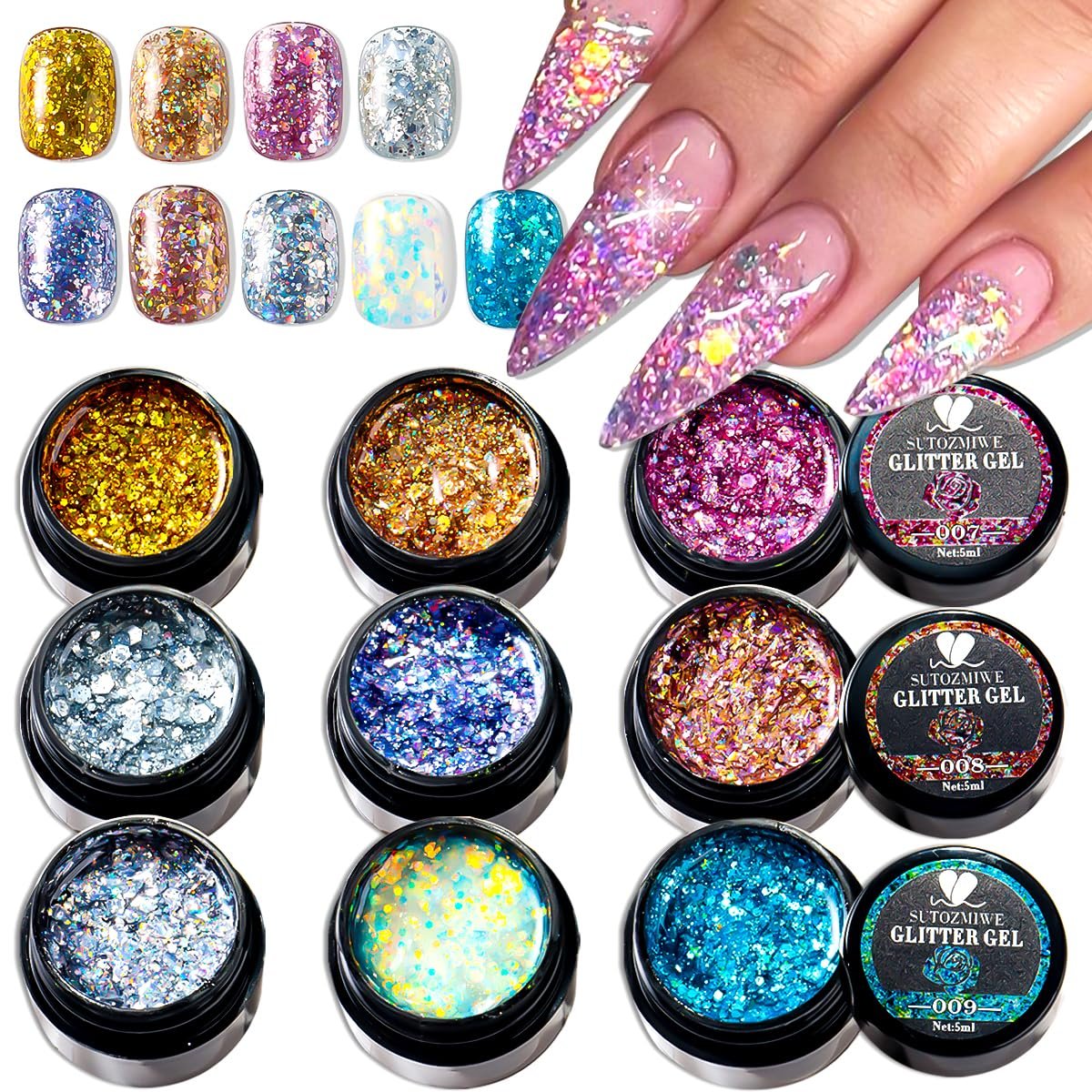 SUTOZMIWE Glitzer-Gel-Nagellack-Set, 9 Farben Glitzer-Sequins-Nagelgel mit holografischem Laser-Effekt, Schimmer-3D-Gel, abziehbar, für Home-Salon-DIY-Maniküre-Nagelkunst-Design