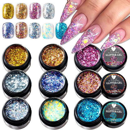 SUTOZMIWE Glitzer-Gel-Nagellack-Set, 9 Farben Glitzer-Sequins-Nagelgel mit holografischem Laser-Effekt, Schimmer-3D-Gel, abziehbar, für Home-Salon-DIY-Maniküre-Nagelkunst-Design