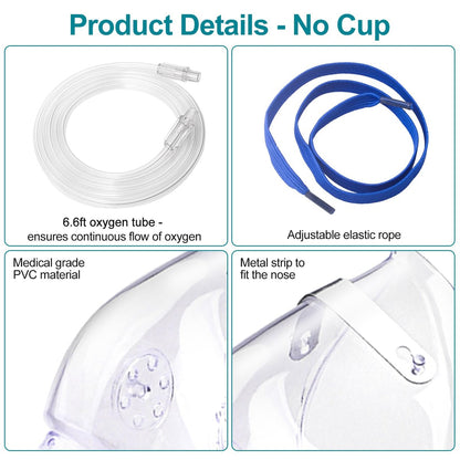 Ventisera 2er-Pack Sauerstoffmaske für Erwachsene mit 2 m Schlauch und verstellbarem elastischen Band – Klar, Größe M L (ohne Becher)
