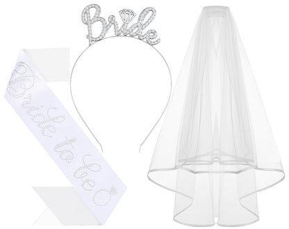 Papoopy 3-teiliges Braut Stirnband mit Schärpe und Schleier für Junggesellinnenparty Dekoration, Brautduschen Accessoires als Geschenk, Mitgebsel
