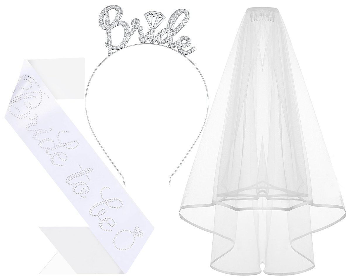 Papoopy 3-teiliges Braut Stirnband mit Schärpe und Schleier für Junggesellinnenparty Dekoration, Brautduschen Accessoires als Geschenk, Mitgebsel