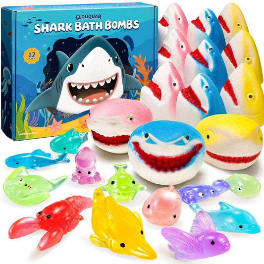 Shark Bath Bombs für Kinder mit Überraschung im Inneren – 12er-Pack handgemachte, natürliche Reinigungsbomben mit leuchtenden Ozean-Spielzeugen im Dunkeln, tolles Weihnachts-, Ferien- und Geburtstagsgeschenk für Jungen, Mädchen, Kinder und Kleinkinder