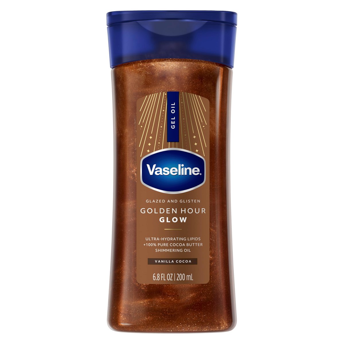 Vaseline Glazed and Glisten Golden Hour Body Gel Oil Glow Vanilla Cocoa Shimmering mit ultra-hydrierenden Lipiden und 100% reiner Kakaobutter, 6,8 oz