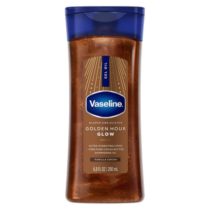 Vaseline Glazed and Glisten Golden Hour Body Gel Oil Glow Vanilla Cocoa Shimmering mit ultra-hydrierenden Lipiden und 100% reiner Kakaobutter, 6,8 oz