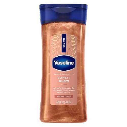 Vaseline Glazed and Glisten Sunlit Glow Body Gel Öl mit Vanille-Kakao, schimmernd, mit ultra-feuchtigkeitsspendenden Lipiden und 100% reiner Kakaobutter, 200 ml