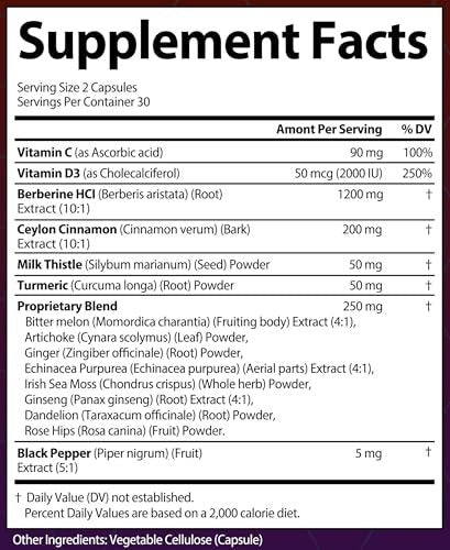 Berberin mit Ceylon-Zimt, Mariendistel, Kurkuma, Bittermelone – Organischer Komplex für Männer & Frauen, Non-GMO, glutenfrei, vegan, USA
