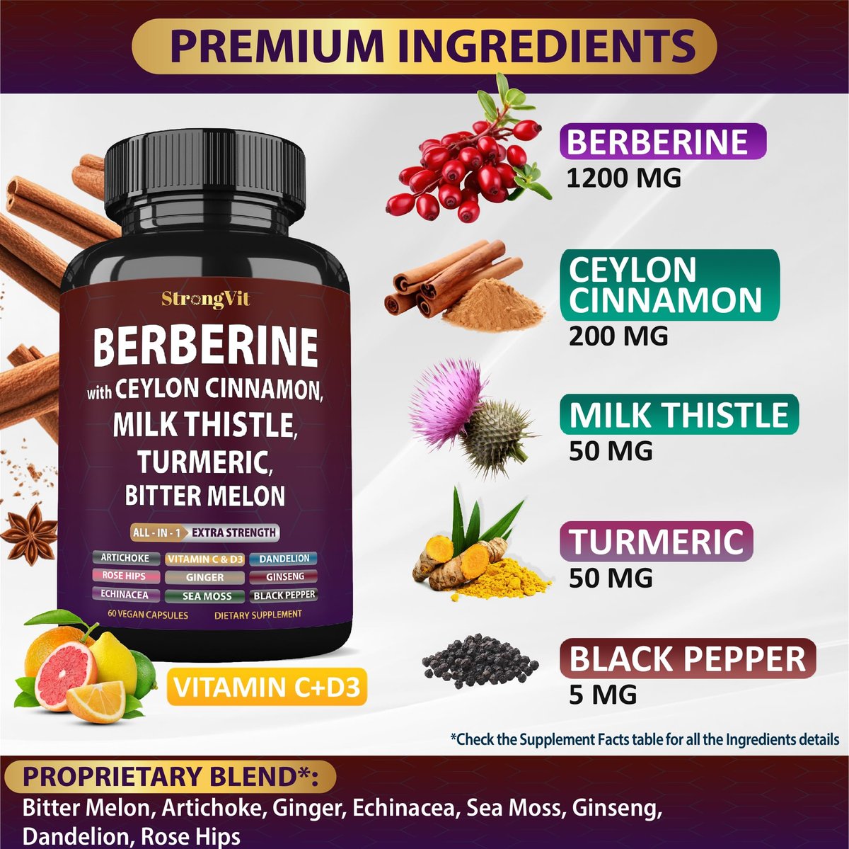 Berberin mit Ceylon-Zimt, Mariendistel, Kurkuma, Bittermelone – Organischer Komplex für Männer & Frauen, Non-GMO, glutenfrei, vegan, USA