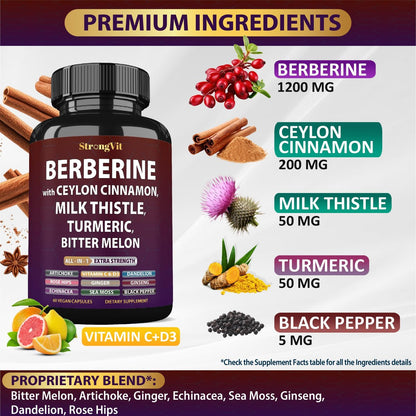 Berberin mit Ceylon-Zimt, Mariendistel, Kurkuma, Bittermelone – Organischer Komplex für Männer & Frauen, Non-GMO, glutenfrei, vegan, USA