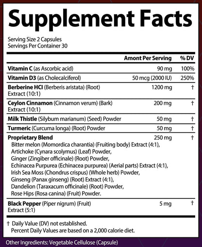 Berberin mit Ceylon-Zimt, Mariendistel, Kurkuma, Bittermelone – Organischer Komplex für Männer & Frauen, Non-GMO, glutenfrei, vegan, USA