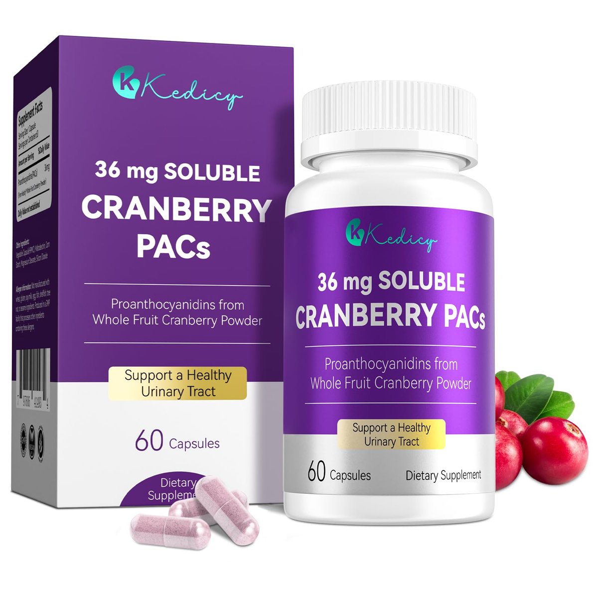 Kedicy Cranberry Kapseln für Frauen – 36 mg lösliche PACs aus ganzen New England Cranberries – Unterstützung der Harnwegsgesundheit & UTI-Abwehr – 60 Kapseln
