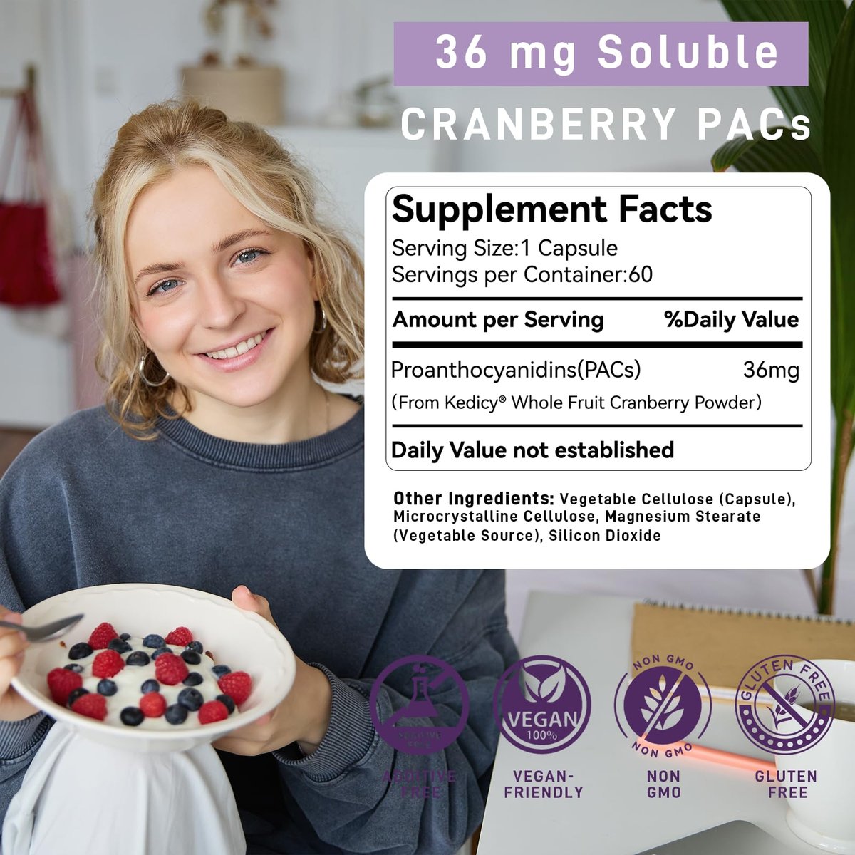 Kedicy Cranberry Kapseln für Frauen – 36 mg lösliche PACs aus ganzen New England Cranberries – Unterstützung der Harnwegsgesundheit & UTI-Abwehr – 60 Kapseln