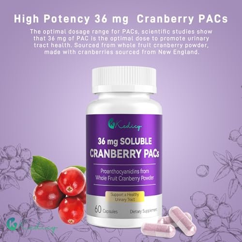 Kedicy Cranberry Kapseln für Frauen – 36 mg lösliche PACs aus ganzen New England Cranberries – Unterstützung der Harnwegsgesundheit & UTI-Abwehr – 60 Kapseln